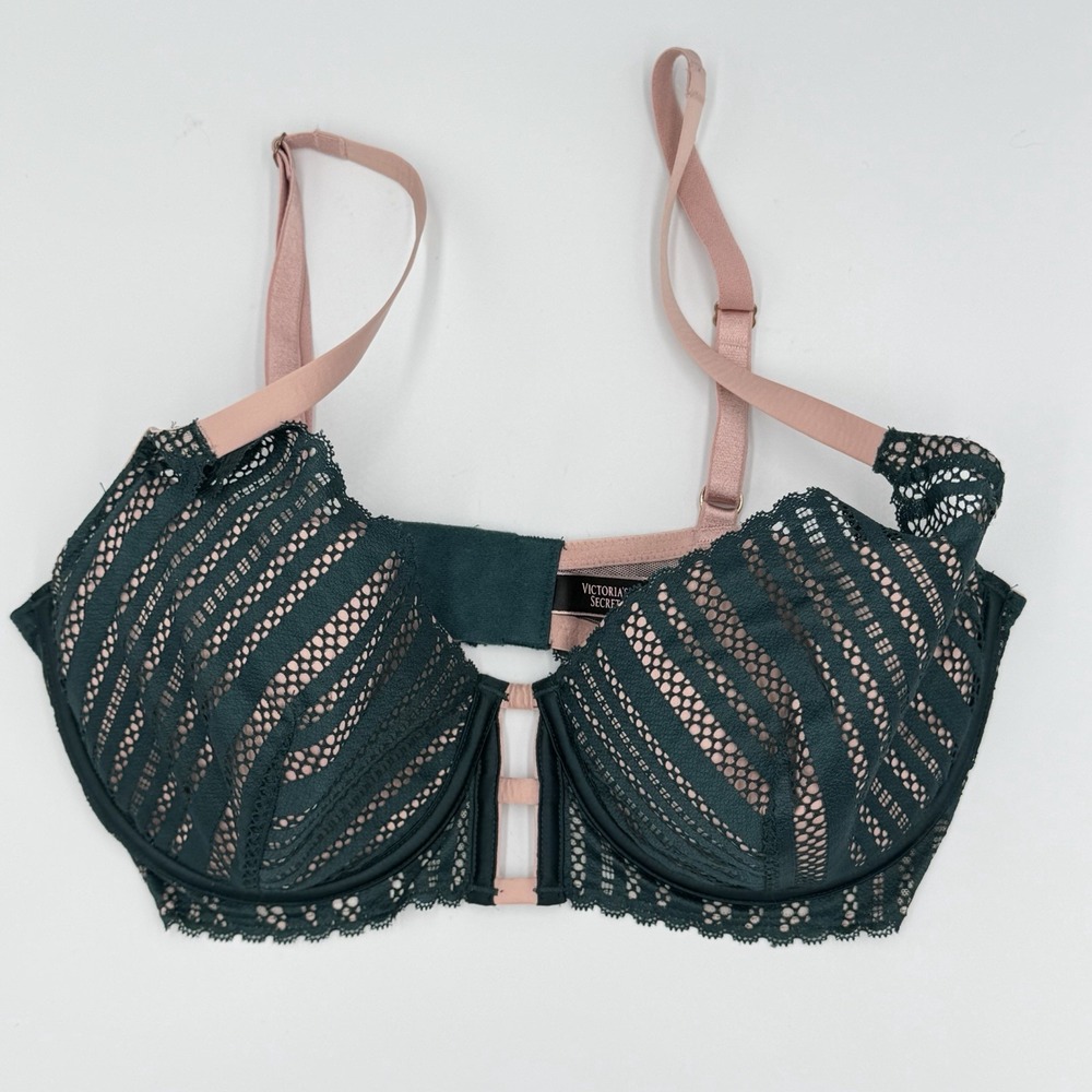 Victoria's Secret 34DD Lined Plunge Lace Bra Green‎ Pink Cutout